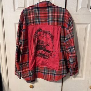Rosie The Riveter Back Piece Upcycled Graphic T-Shirt & Flannel - Men's XL